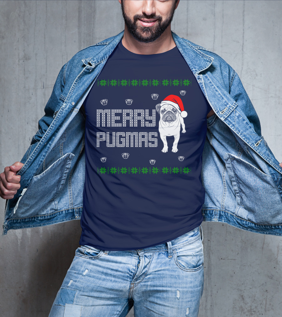 Merry Pugmas Festive Santa Hat Pug With Holiday Patterns And Green Poinsettias T-Shirt