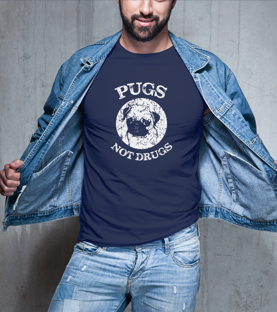 Vintage Style Pugs Not Drugs With Distressed Pug Face T-Shirt