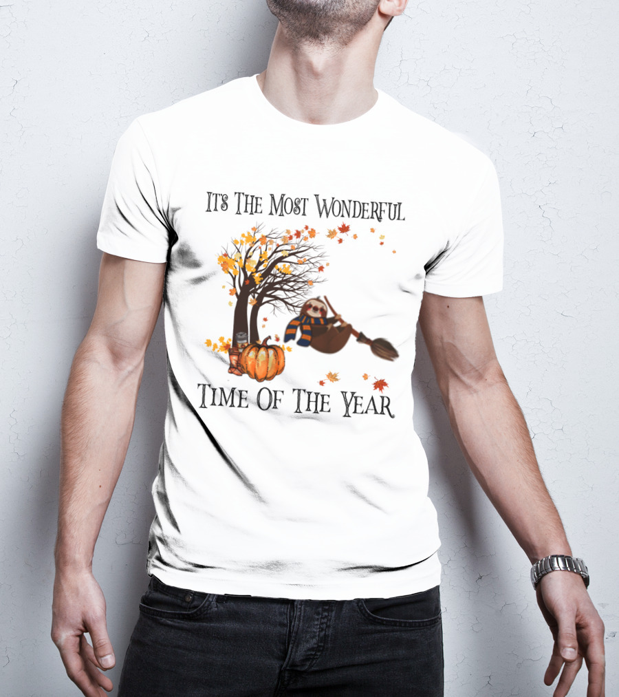 It's The Most Wonderful Time Of The Year Sloth Broom Pumpkin Autumn Leaves Tree T-Shirt