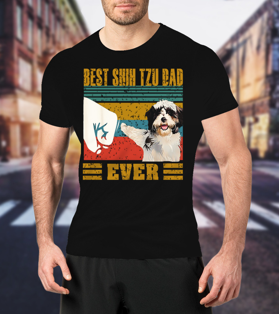 Best Shih Tzu Dad Ever Vintage Style Dog Paw Prints T-Shirt