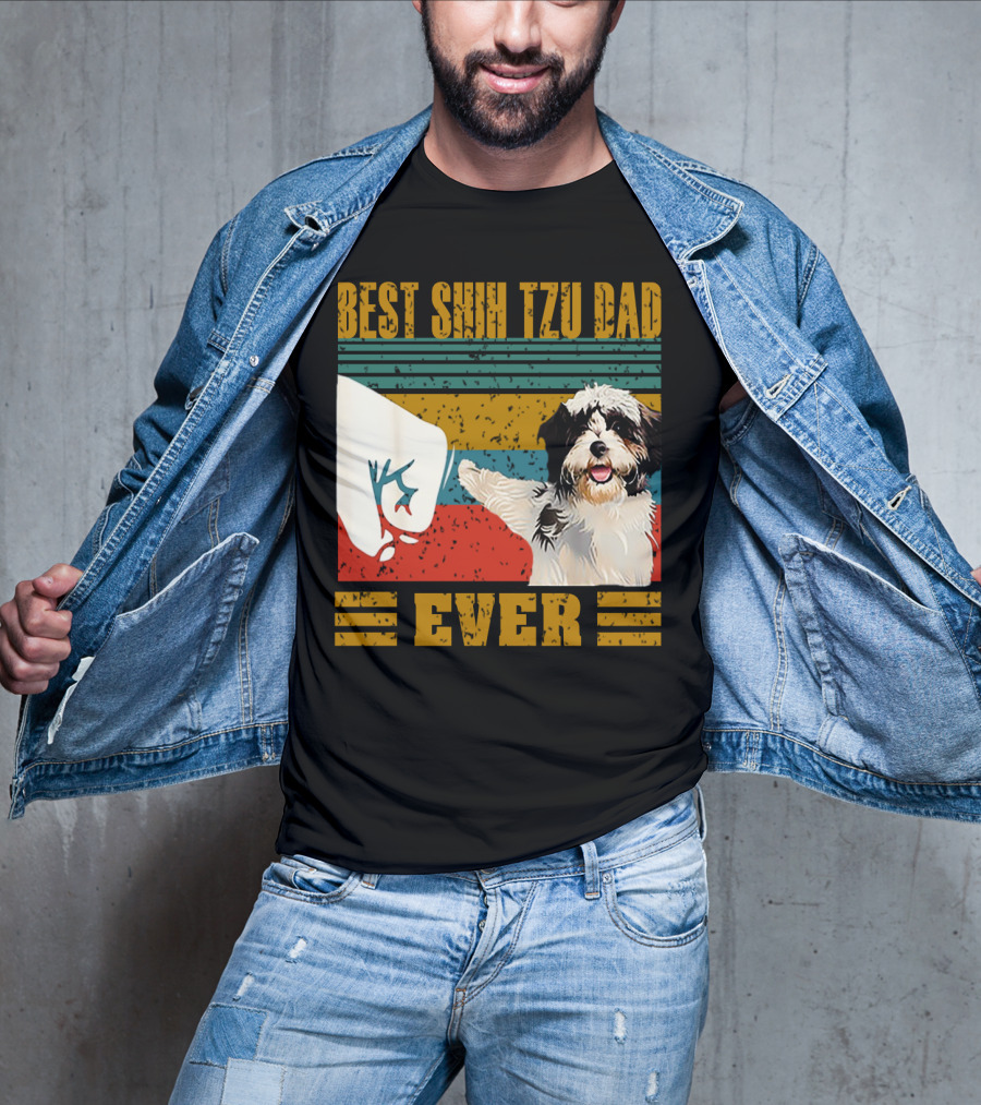Best Shih Tzu Dad Ever Vintage Style Dog Paw Prints T-Shirt