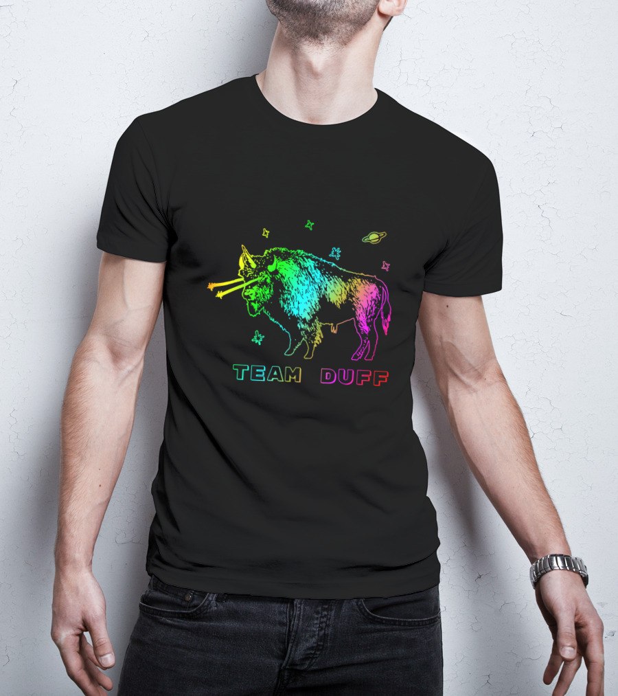 Team Duff Space Bison With Rainbow Laser Eyes And Stars T-Shirt