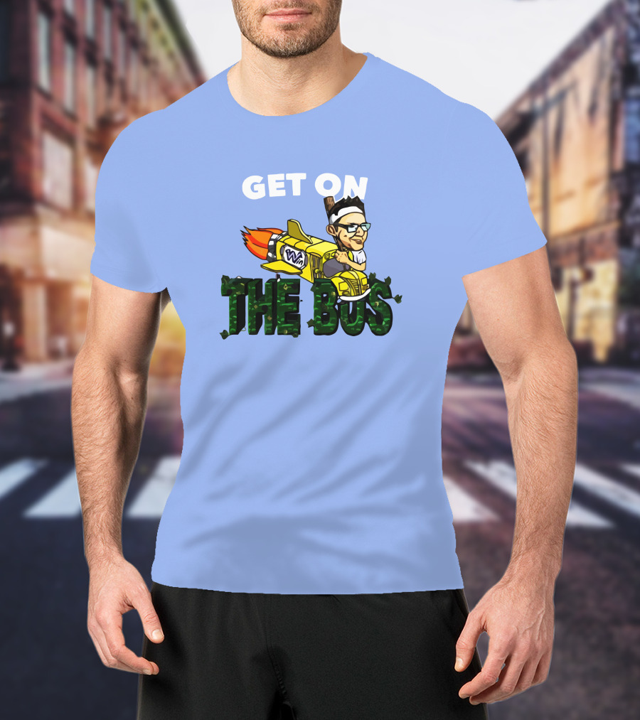 GET ON THE BUS Rocket Cartoon Character With Headband And Glasses T-Shirt