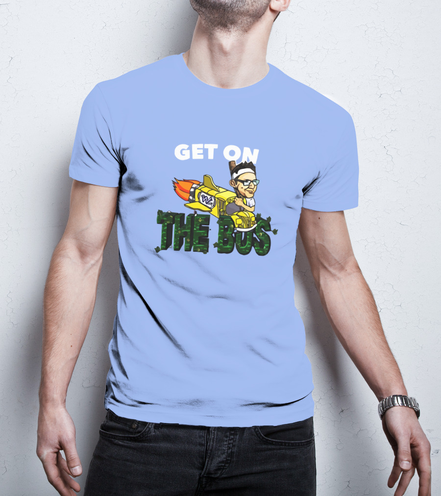 GET ON THE BUS Rocket Cartoon Character With Headband And Glasses T-Shirt