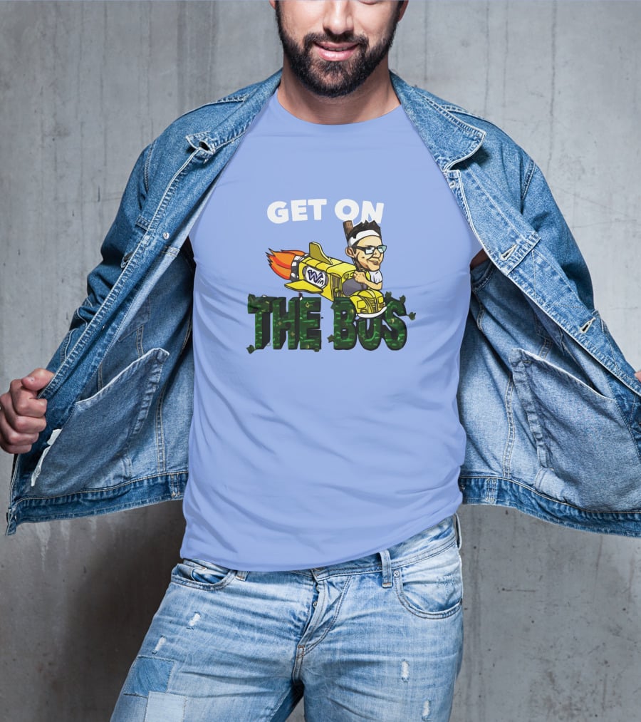 GET ON THE BUS Rocket Cartoon Character With Headband And Glasses T-Shirt