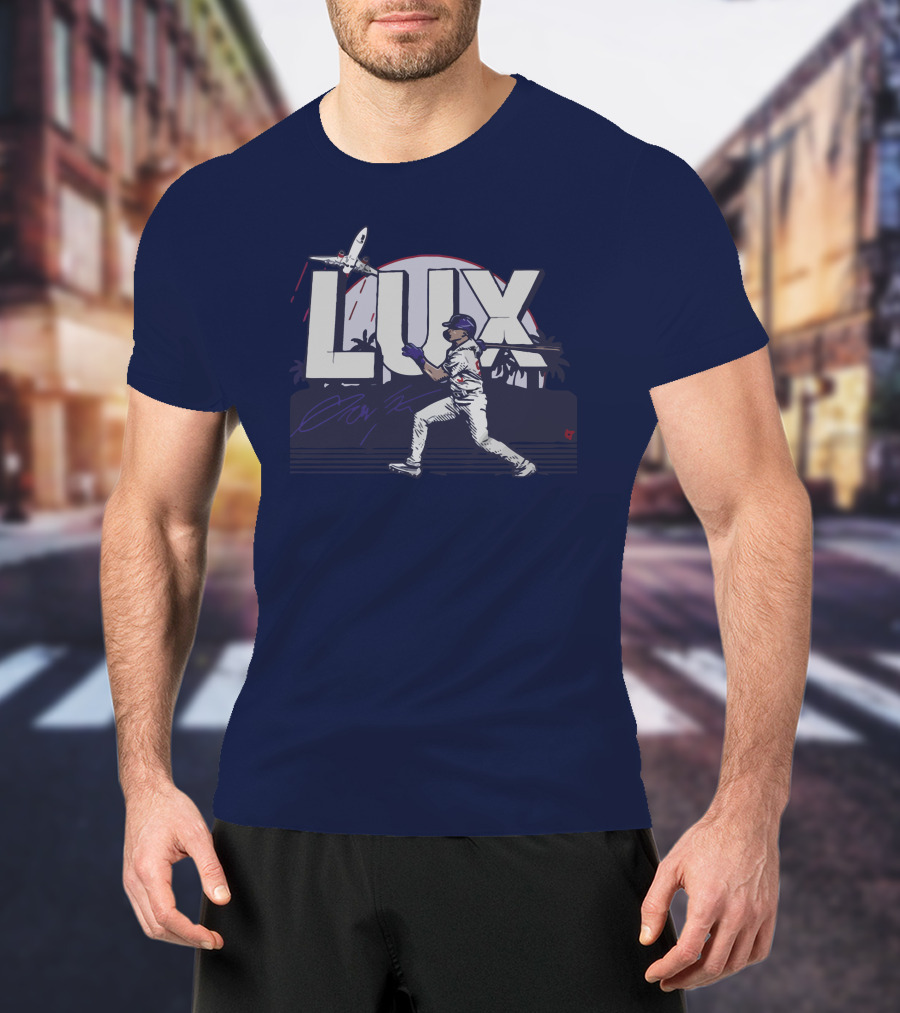 LUX Los Angeles Baseball Player With Plane And Palm Trees T-Shirt