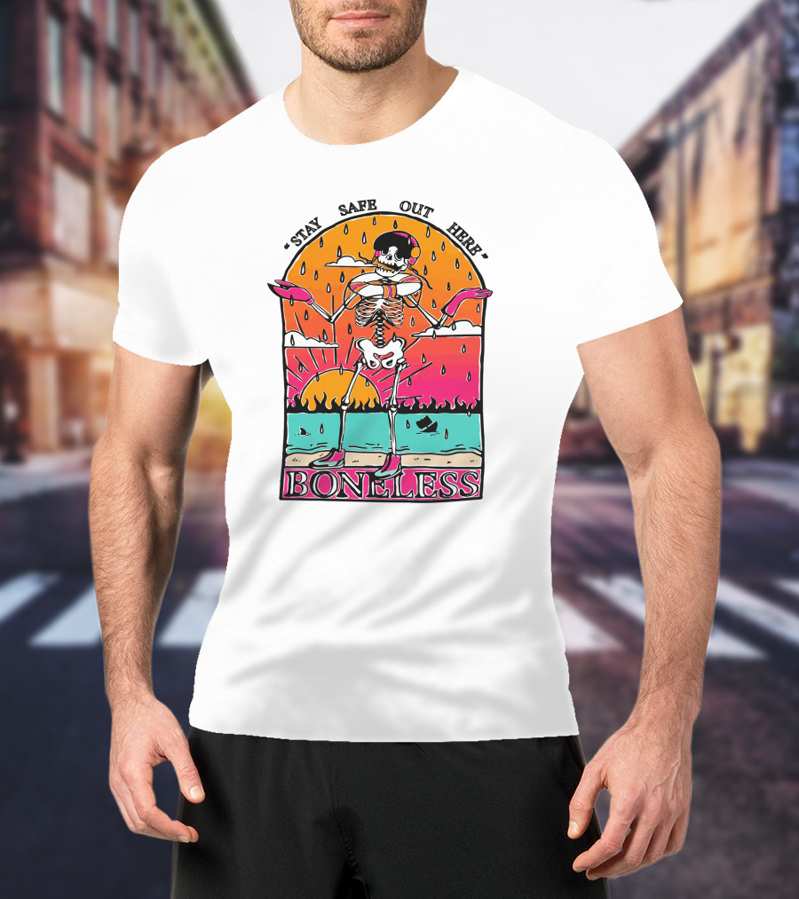 Stay Safe Out Here Boneless Sunset Skeleton Surfer T-Shirt