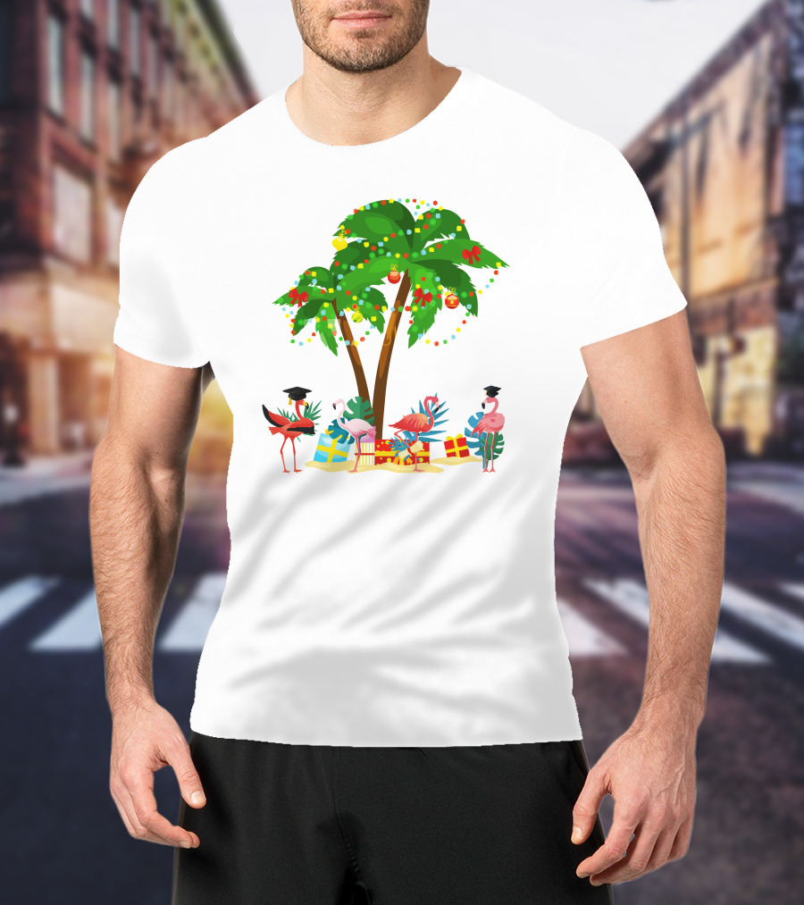 Tropical Christmas Flamingos Under Palm Tree With Gifts T-Shirt