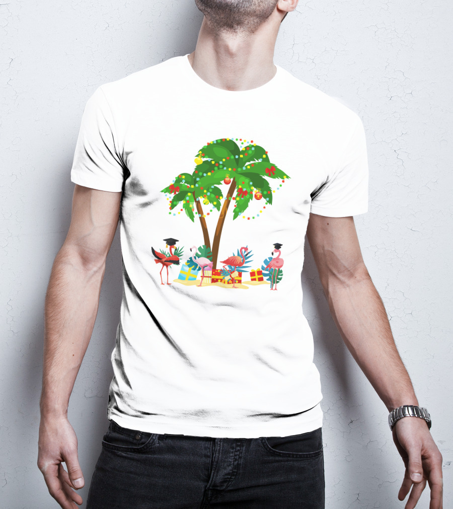 Tropical Christmas Flamingos Under Palm Tree With Gifts T-Shirt