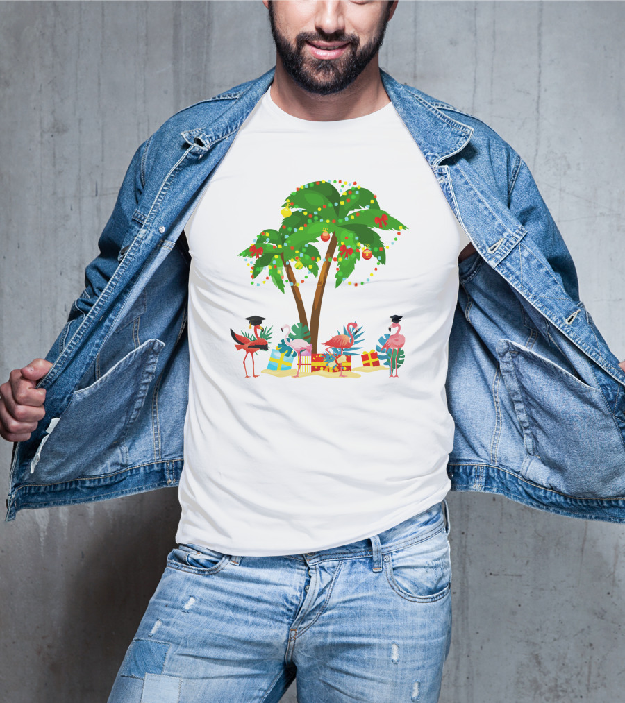 Tropical Christmas Flamingos Under Palm Tree With Gifts T-Shirt