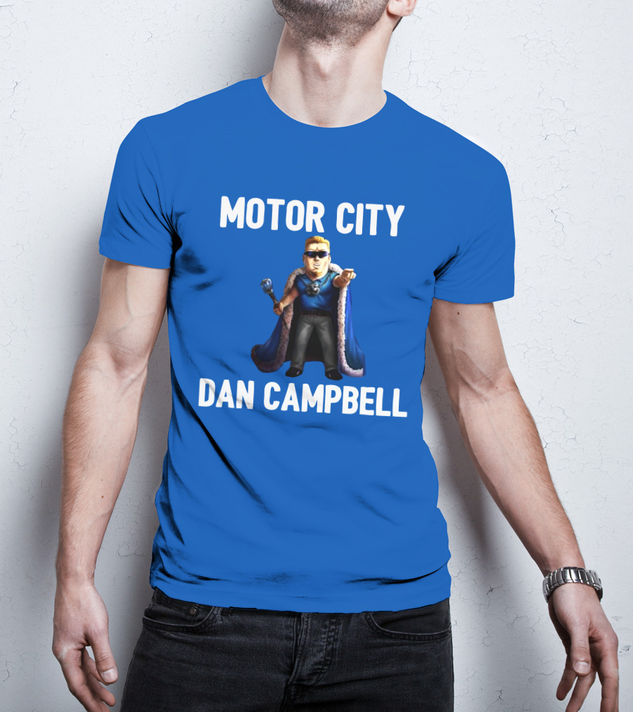 Motor City Dan Campbell Iconic Blue Cape And Scepter Character Representation T-Shirt