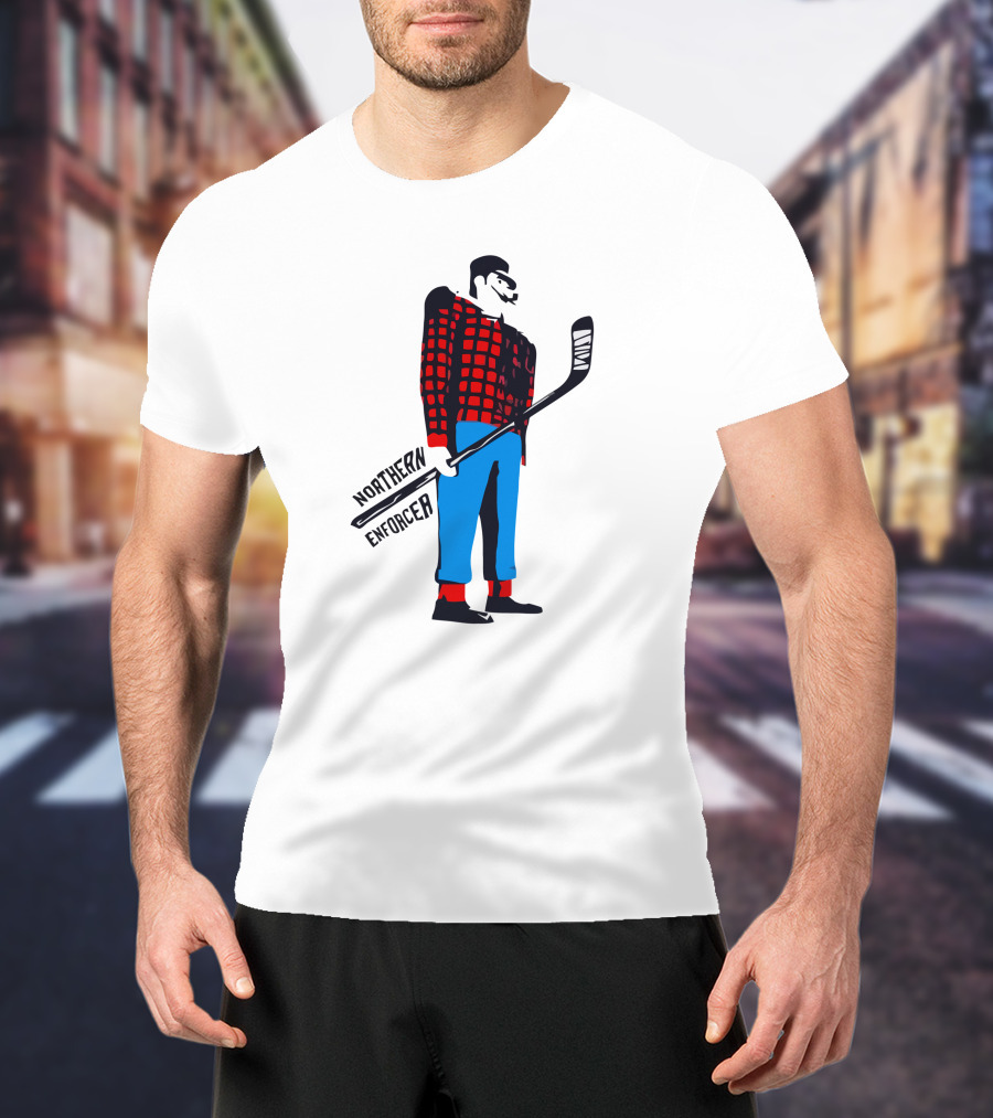Northern Enforcer Hockey Plaid Lumberjack Player With Stick T-Shirt