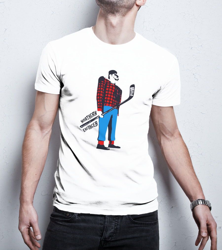 Northern Enforcer Hockey Plaid Lumberjack Player With Stick T-Shirt