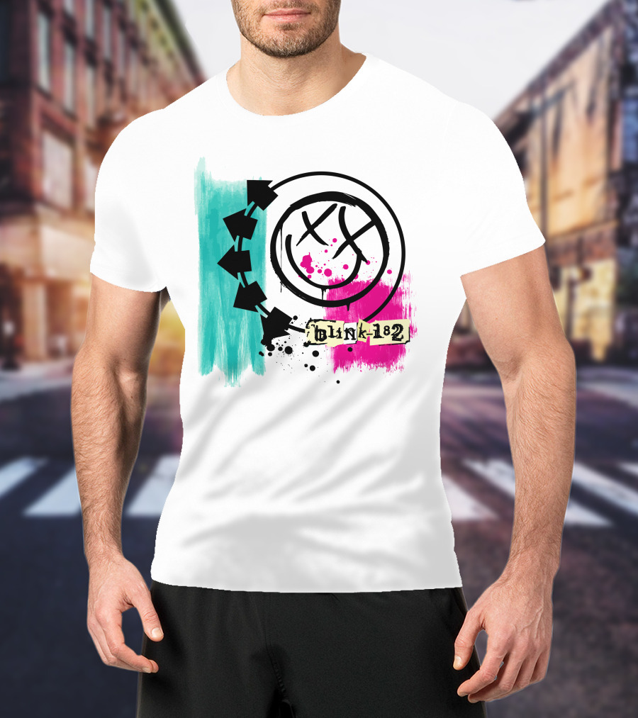 Blink 182 I Miss You Smiley Logo With Pink And Teal Paint Splatter T-Shirt