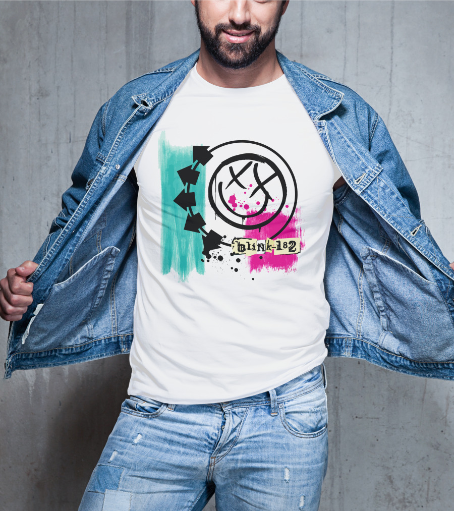 Blink 182 I Miss You Smiley Logo With Pink And Teal Paint Splatter T-Shirt