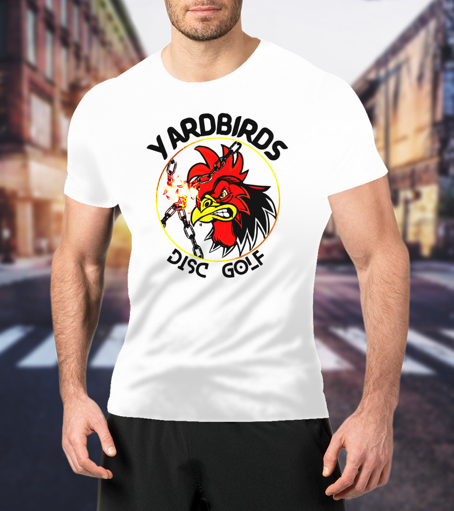 Yardbirds Disc Golf Angry Rooster With Exploding Chains T-Shirt