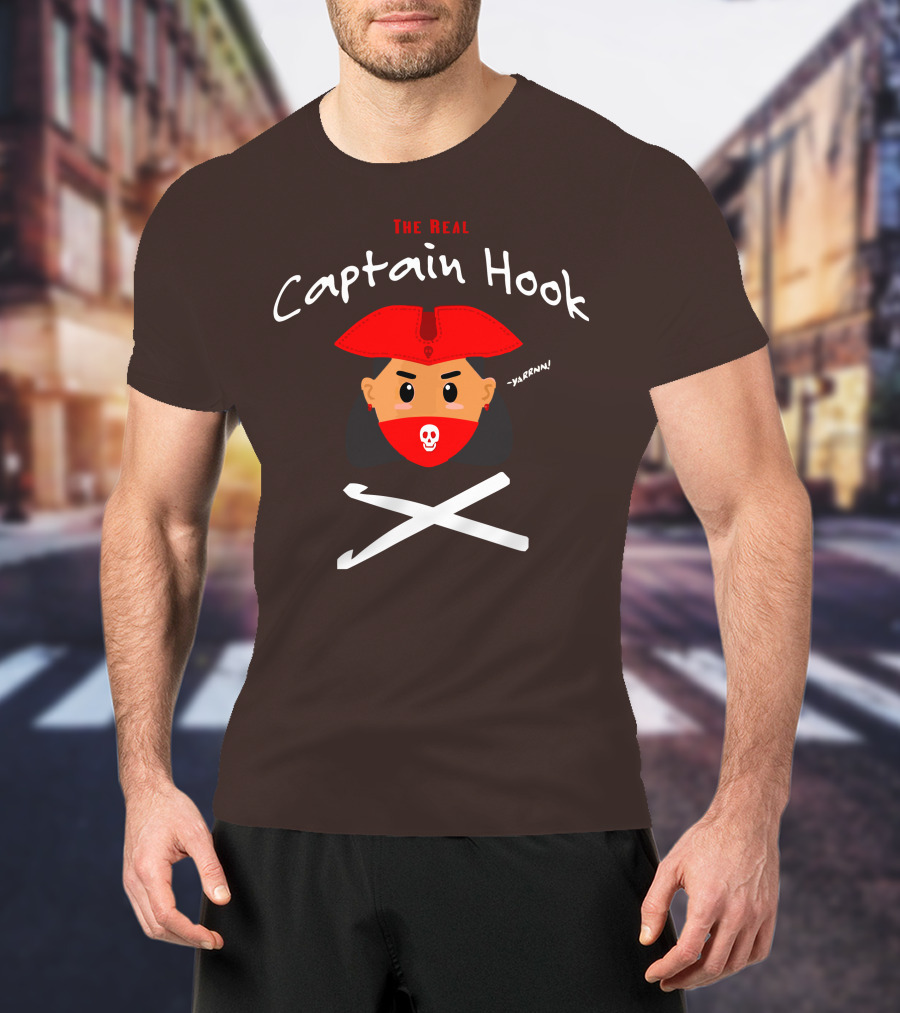 The Real Captain Hook Yarrnn Skull Red Hat Pirate Face Crossed Needles T-Shirt