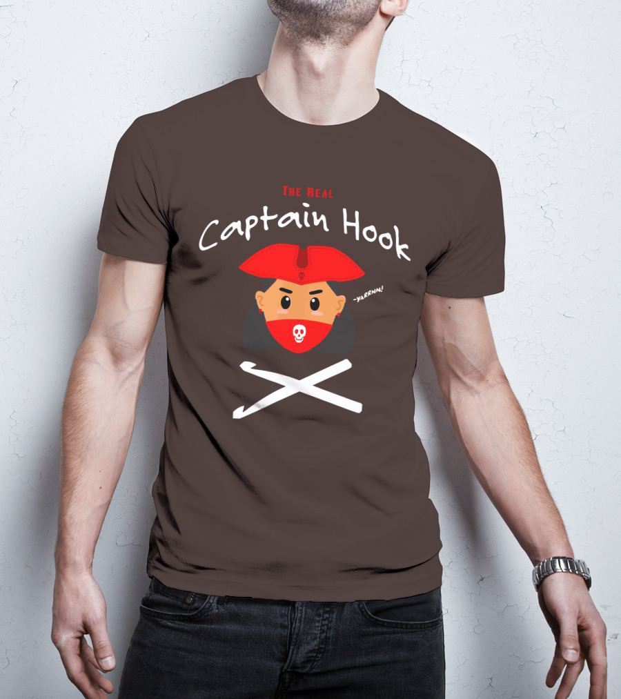 The Real Captain Hook Yarrnn Skull Red Hat Pirate Face Crossed Needles T-Shirt
