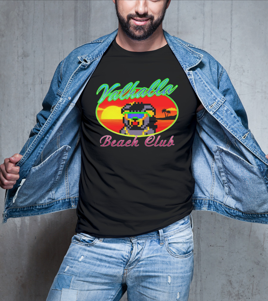 Valhalla Beach Club 80s Retro Pixel Sunset And Palm Trees T-Shirt