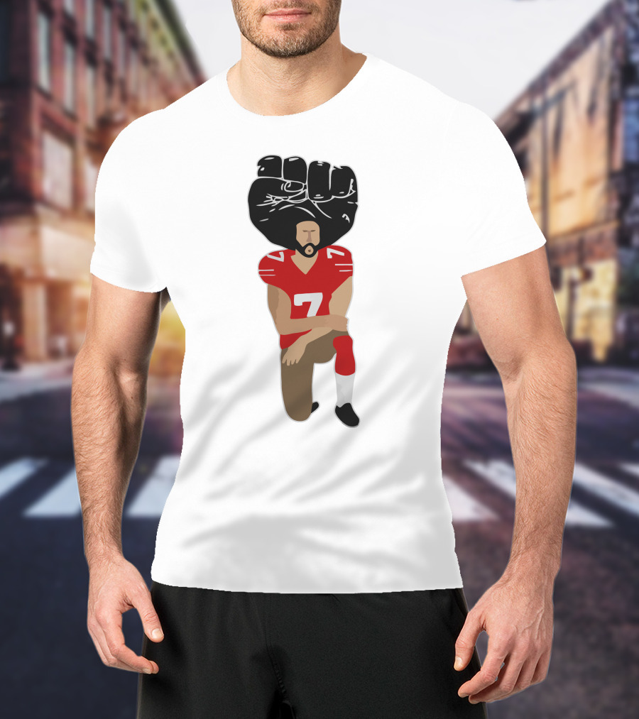 Colin Kaepernick Kneeling With Raised Fist And Red Football Jersey Number 7 T-Shirt