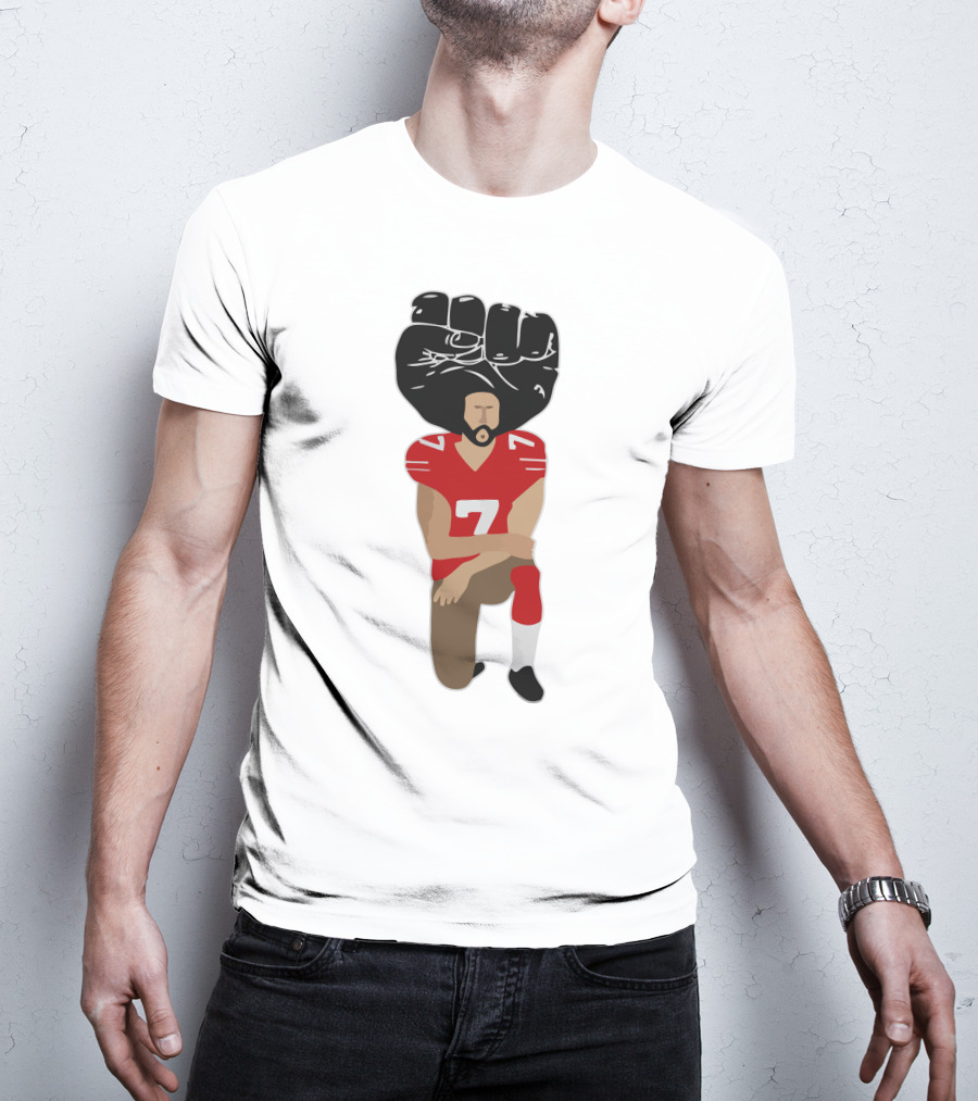 Colin Kaepernick Kneeling With Raised Fist And Red Football Jersey Number 7 T-Shirt
