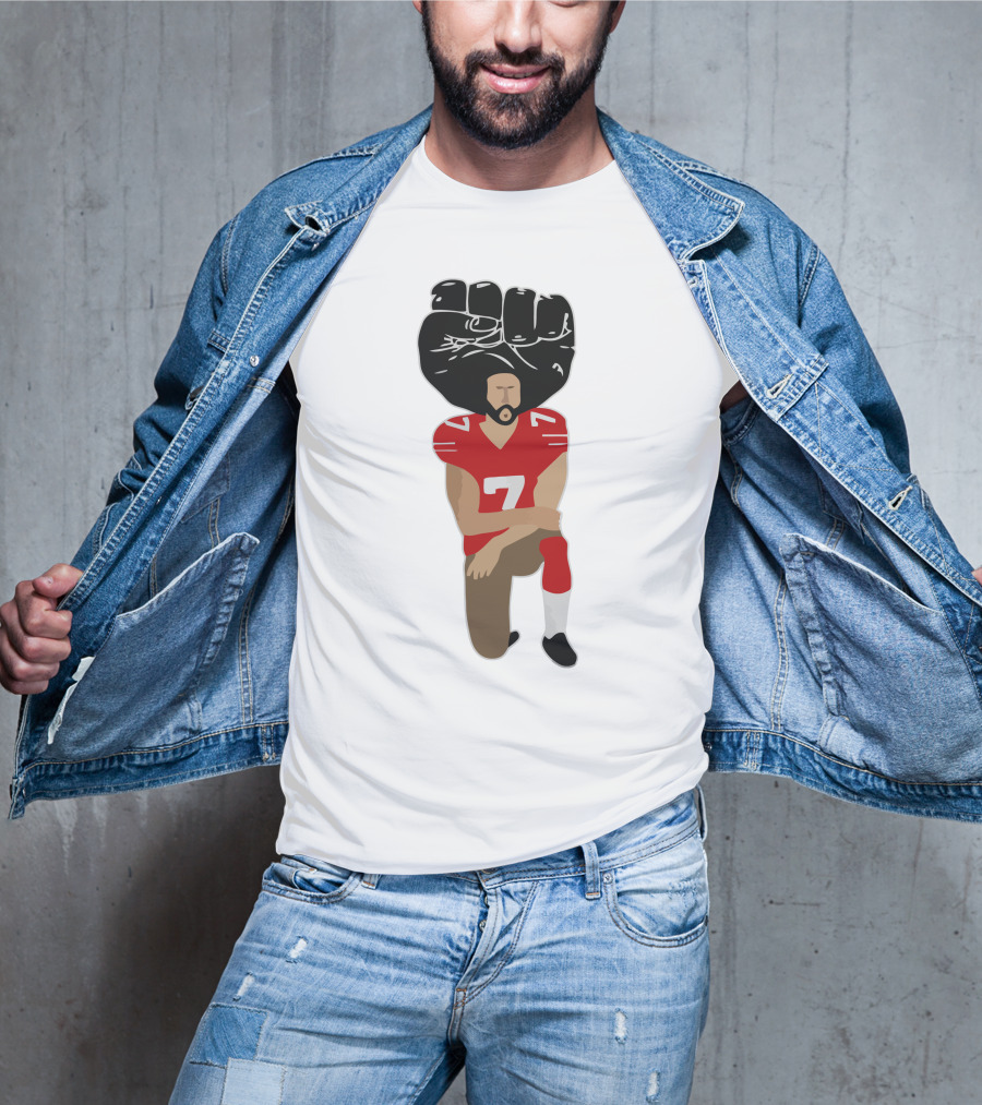 Colin Kaepernick Kneeling With Raised Fist And Red Football Jersey Number 7 T-Shirt