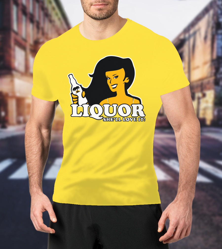 Liquor She'll Love It Retro Pin-Up Style Woman Holding Bottle T-Shirt
