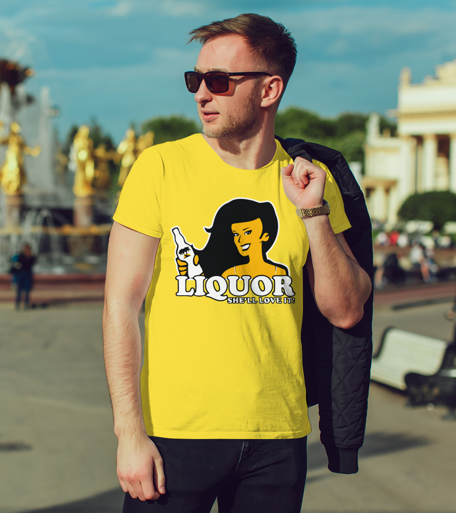 Liquor She'll Love It Retro Pin-Up Style Woman Holding Bottle T-Shirt