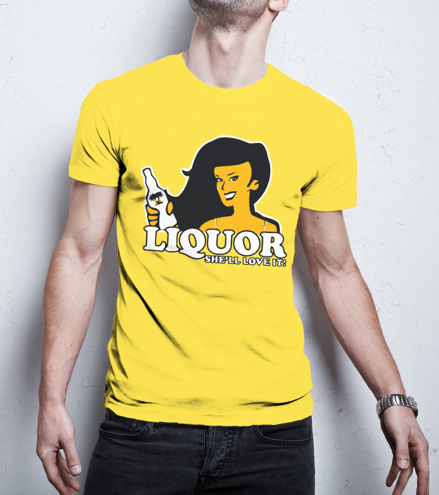 Liquor She'll Love It Retro Pin-Up Style Woman Holding Bottle T-Shirt