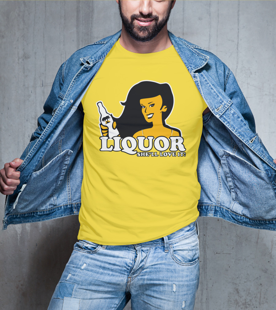 Liquor She'll Love It Retro Pin-Up Style Woman Holding Bottle T-Shirt