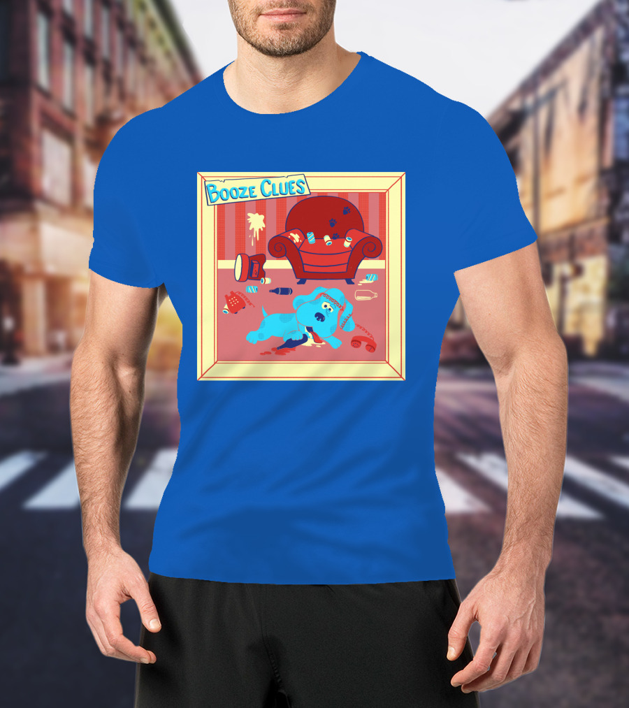 Booze Clues Blue Dog Party Mess With Cans And Couch T-Shirt