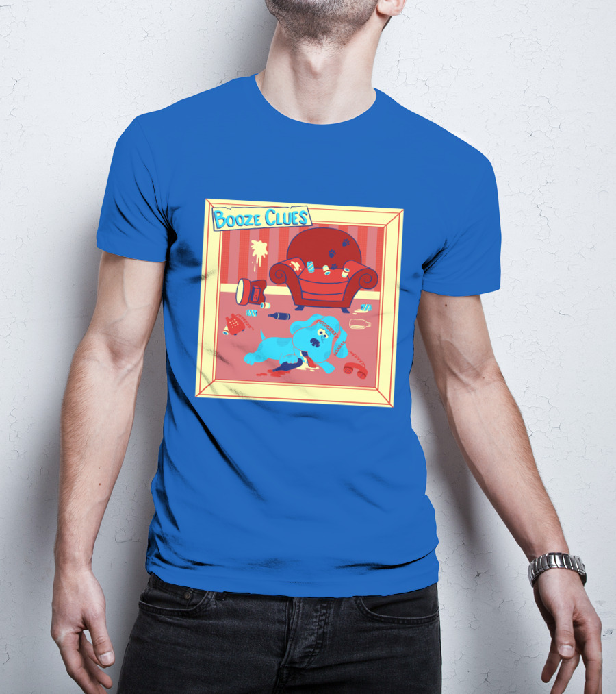 Booze Clues Blue Dog Party Mess With Cans And Couch T-Shirt
