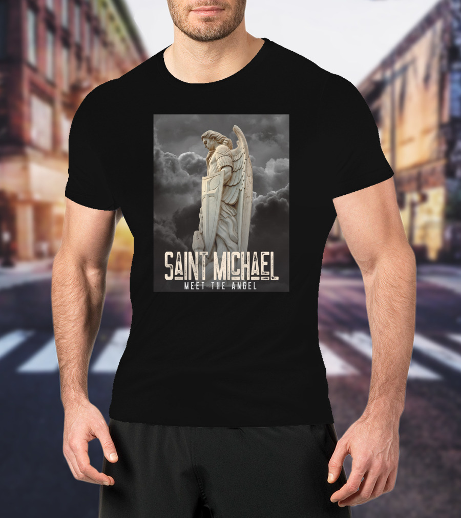 Saint Michael Meet The Angel Statue In Stormy Sky T-Shirt