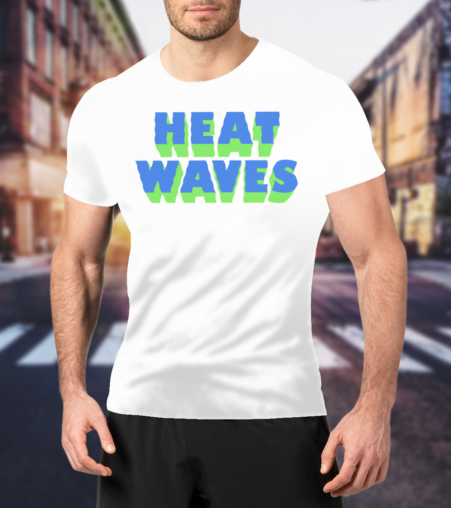 HEAT WAVES Bold 3D Text Design In Blue And Green T-Shirt