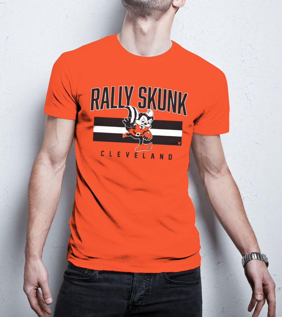 Cleveland Rally Skunk Football Character Sporting Orange Helmets T-Shirt