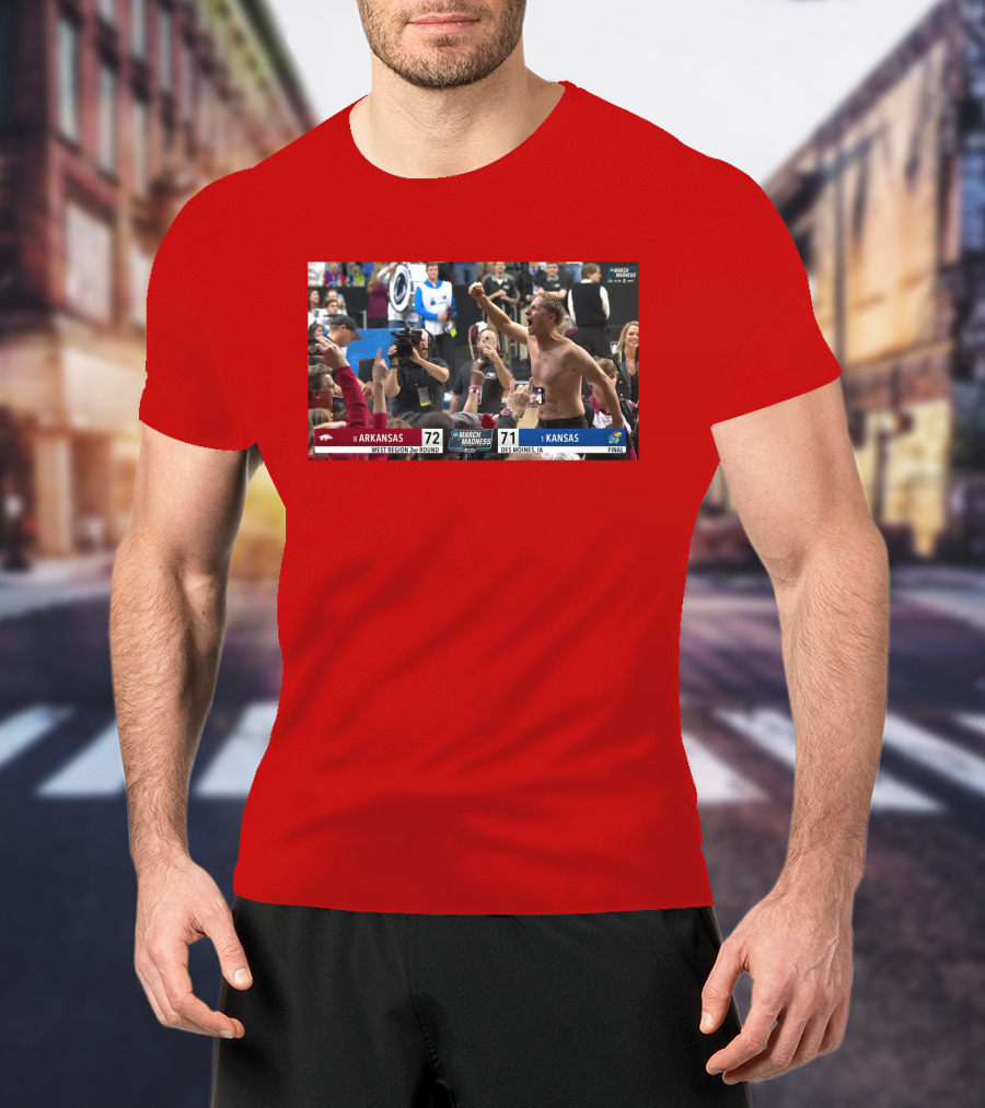 Eric Musselman Celebrates Arkansas 72-71 Victory Over Kansas In March Madness T-Shirt