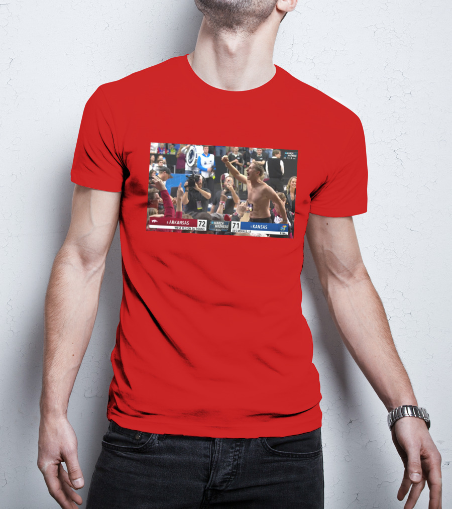 Eric Musselman Celebrates Arkansas 72-71 Victory Over Kansas In March Madness T-Shirt