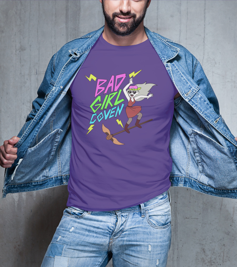 Bad Girl Coven Witch On Broomstick With Lightning Bolts T-Shirt