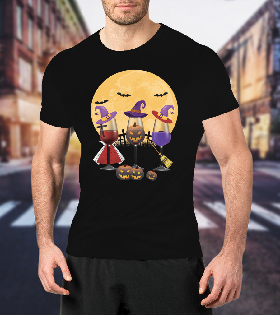 Halloween Wine Lovers Witches With Jack-o'-Lanterns And Full Moon T-Shirt