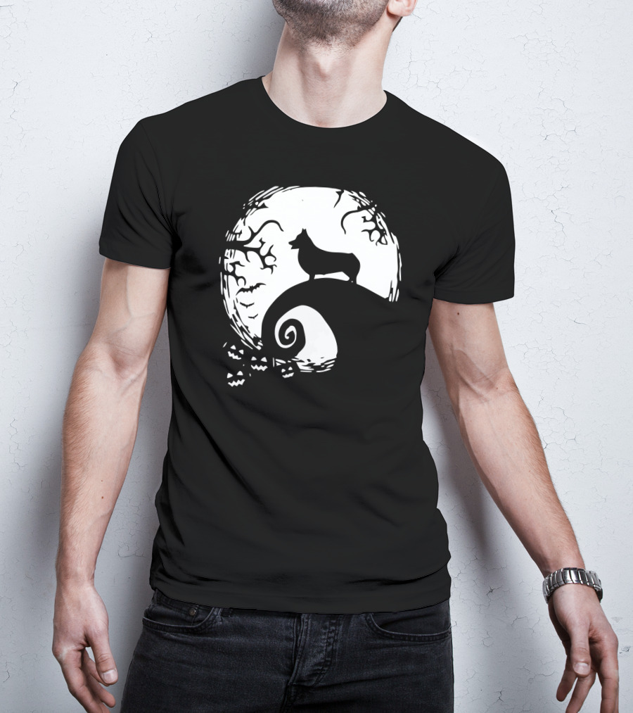 Corgi Howls At Halloween Moon With Jack O'Lanterns T-Shirt