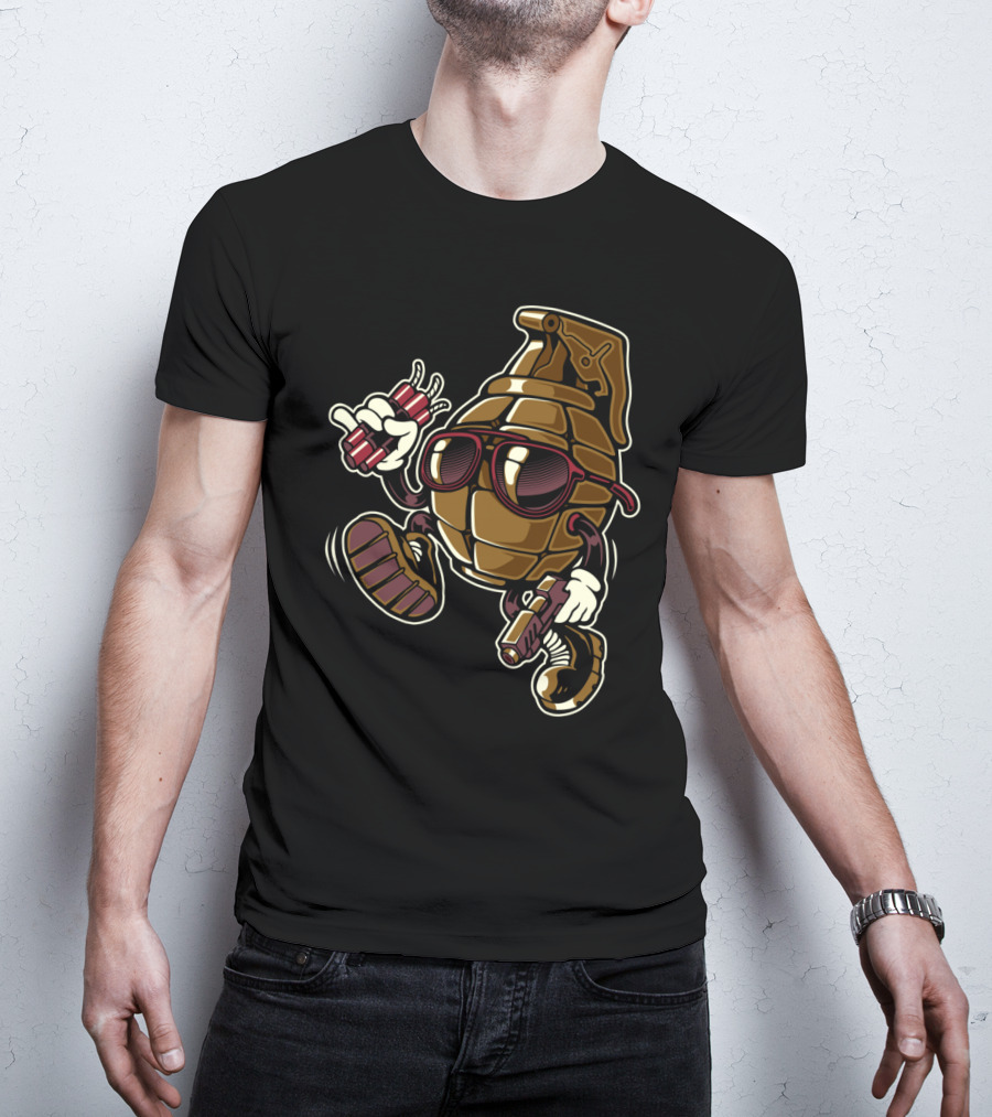 Grenade Sunglasses Walking Character With Dynamite And Gun T-Shirt
