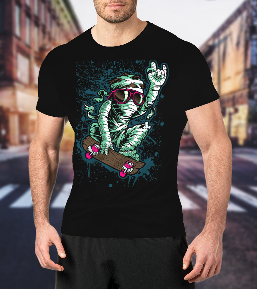 Return Mummy Skateboarding With Sunglasses Rock Hand Gesture T-Shirt