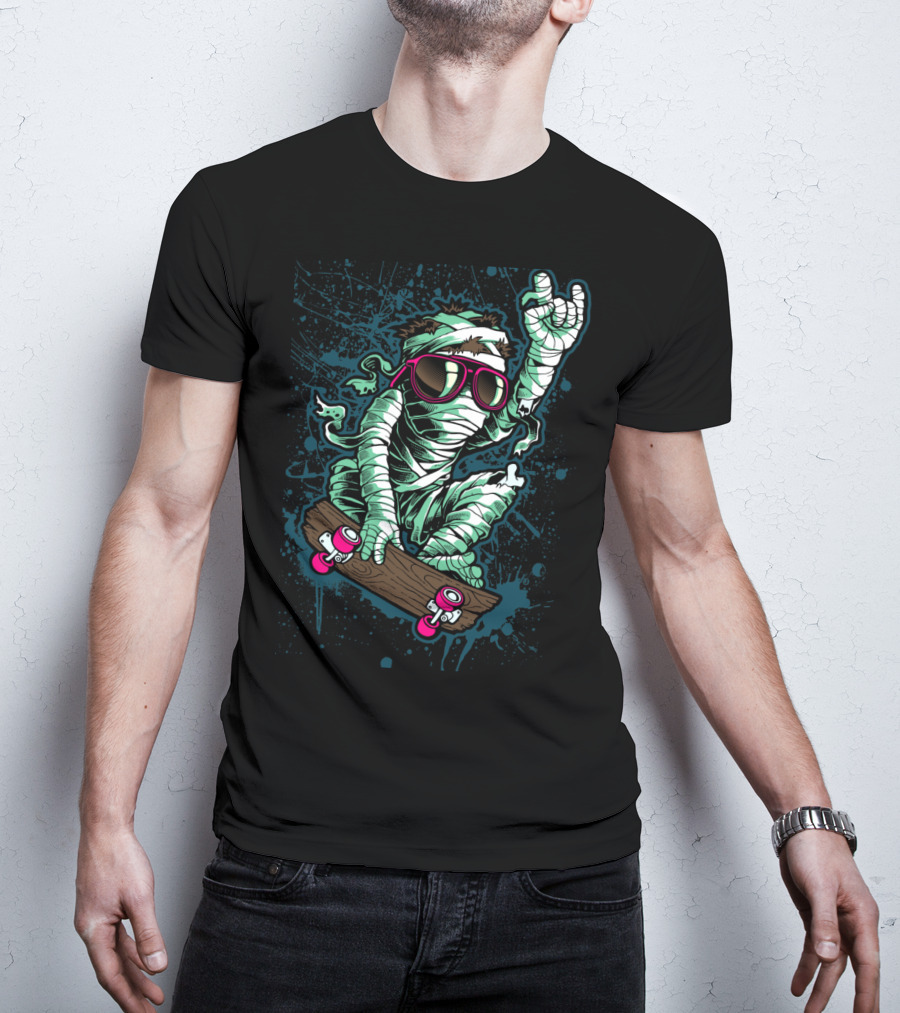 Return Mummy Skateboarding With Sunglasses Rock Hand Gesture T-Shirt