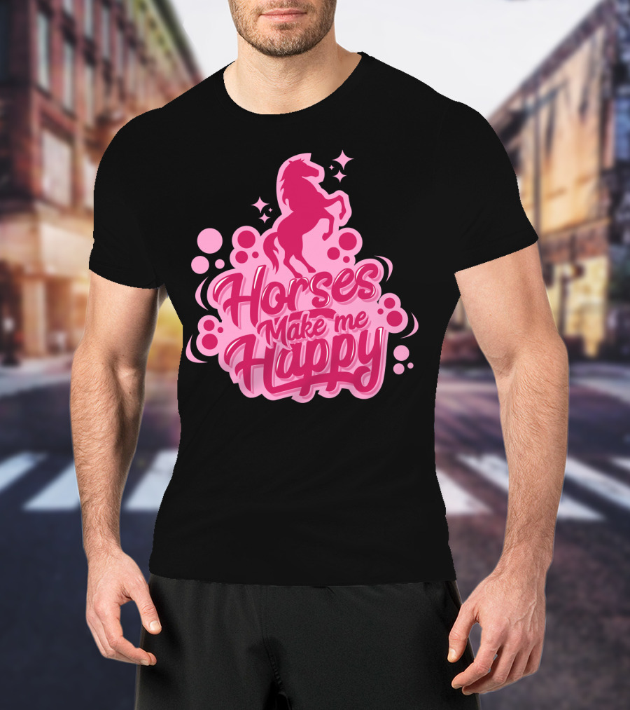 Horses Make Me Happy Pink Horse Silhouette With Stars And Circles T-Shirt