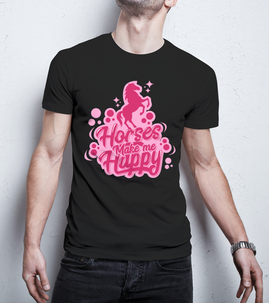 Horses Make Me Happy Pink Horse Silhouette With Stars And Circles T-Shirt