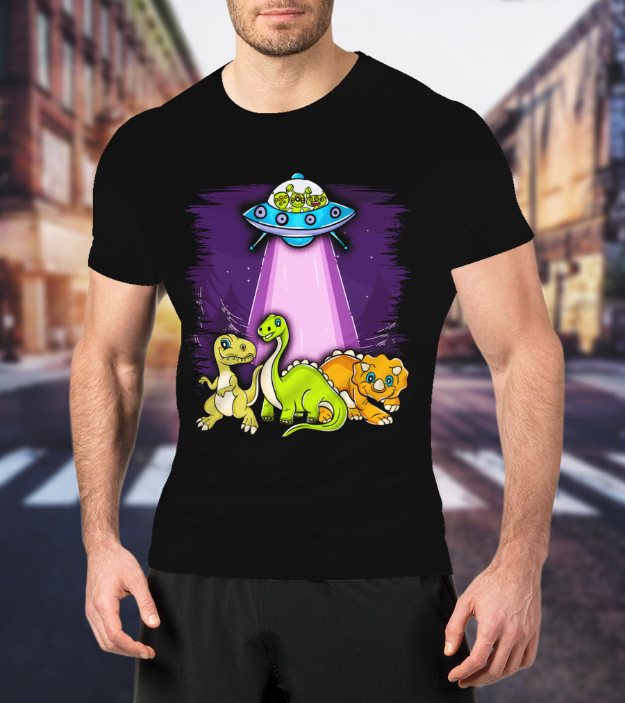 Dinosaur Alien Abduction Dinosaur Extinction Conspiracy UFO Cartoon T-Shirt