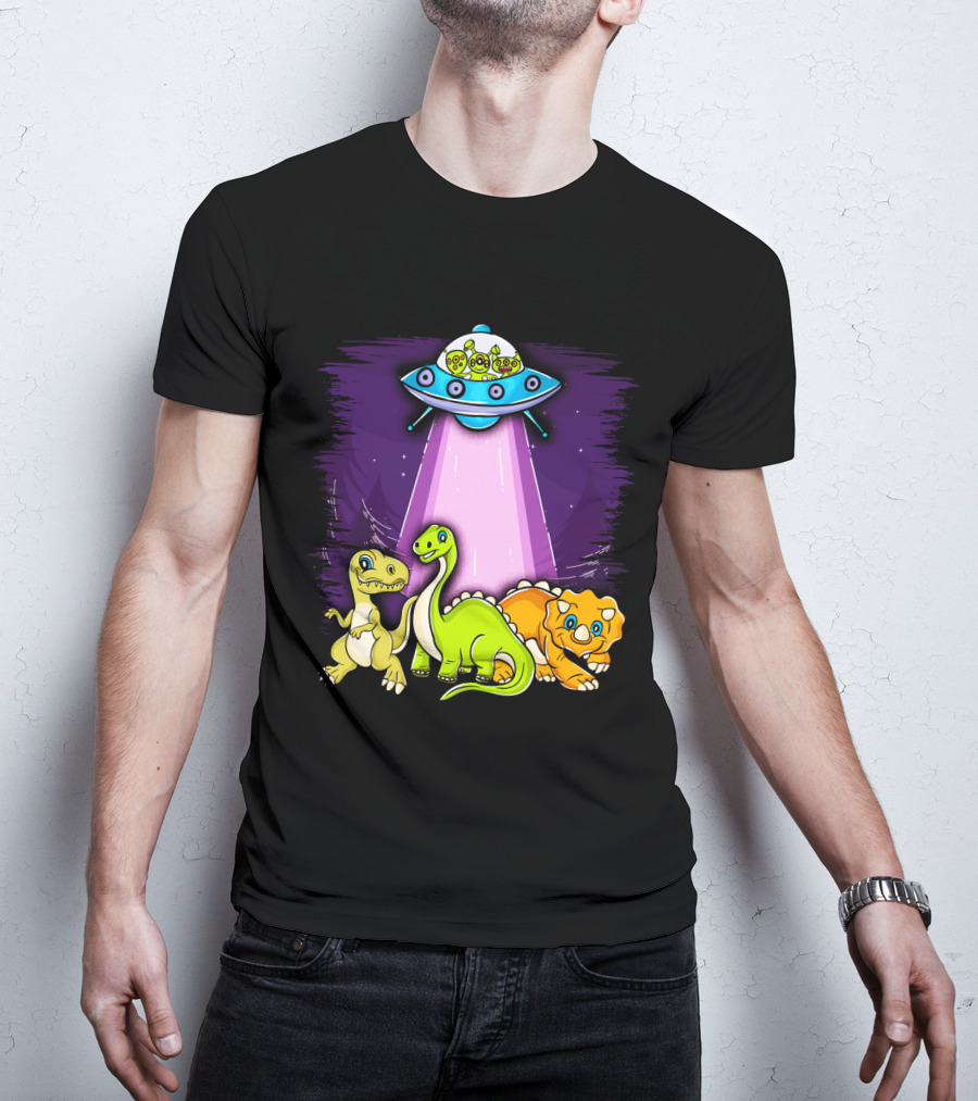 Dinosaur Alien Abduction Dinosaur Extinction Conspiracy UFO Cartoon T-Shirt