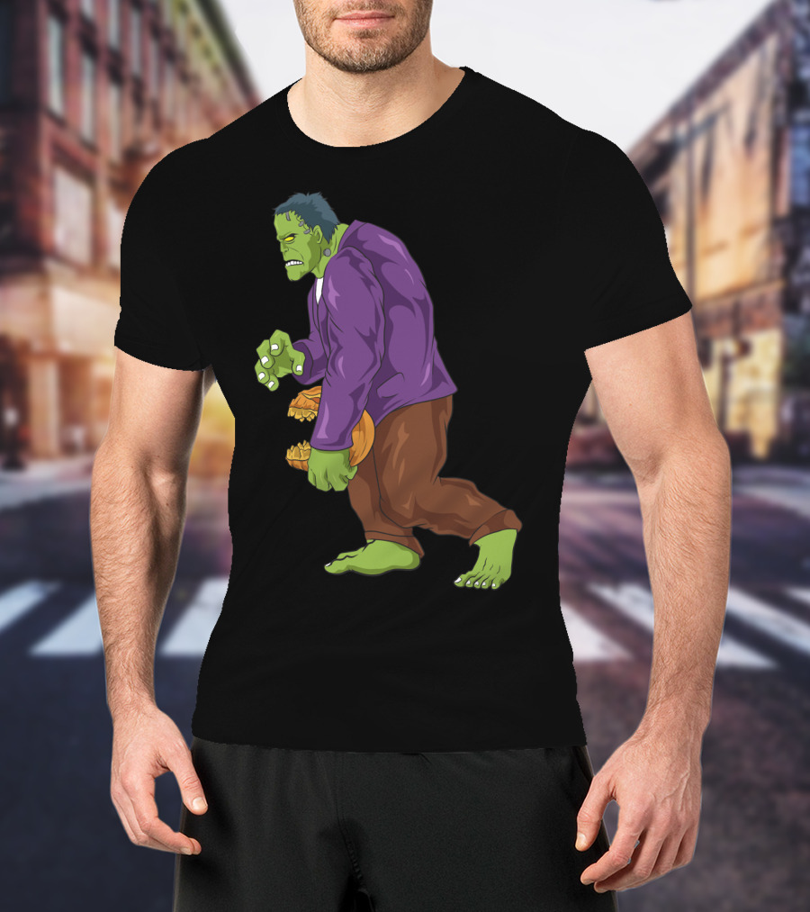 Frankenstein Bigfoot Carrying Pumpkin Funny Halloween Monster Zombie T-Shirt
