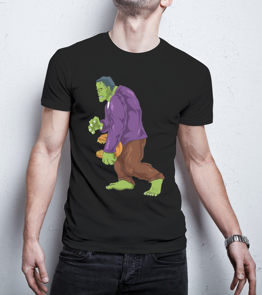 Frankenstein Bigfoot Carrying Pumpkin Funny Halloween Monster Zombie T-Shirt