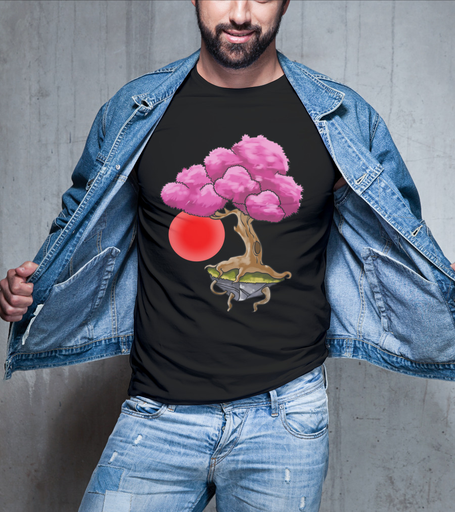 Floating Japanese Cherry Blossom Sakura Tree With Red Sun Sphere T-Shirt